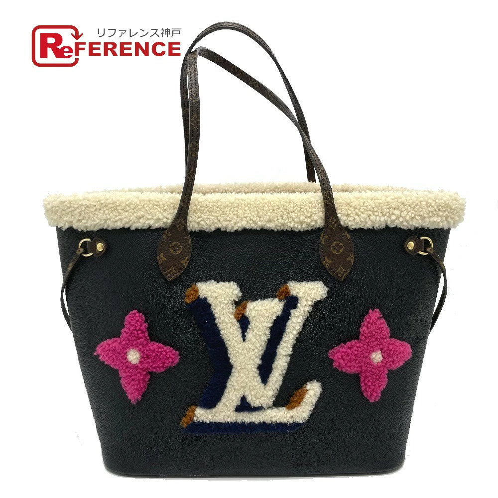 LOUIS VUITTON Shearling Flower LV Neverfull Bag Fluffy Shoulder Tote Calf Black
